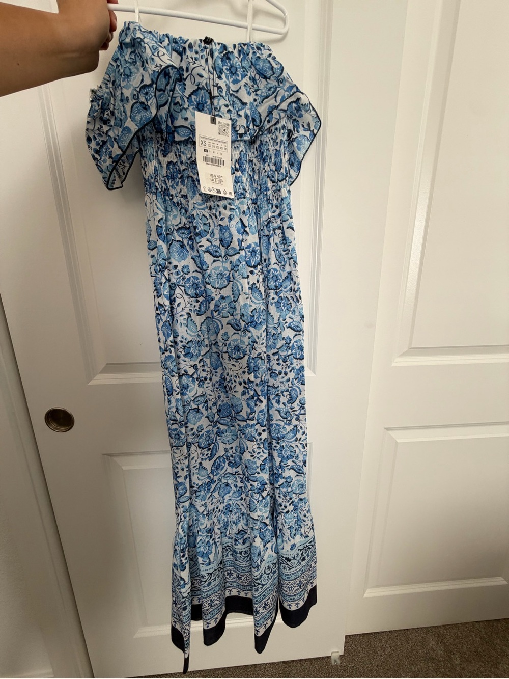 Mango Blue and White Floral Off-Shoulder Maxi Dress